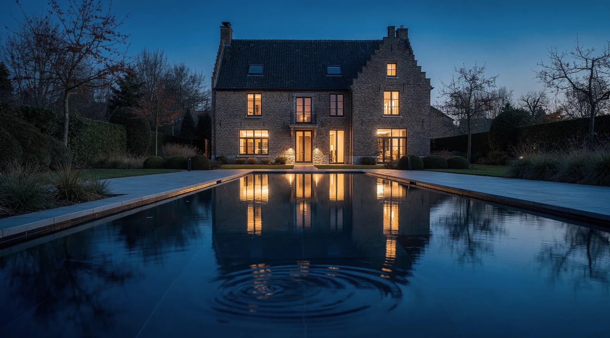 Conceptbeeld van een spiegelvlak overloopzwembad bij schemering met de weerspiegeling van een Vlaamse villa